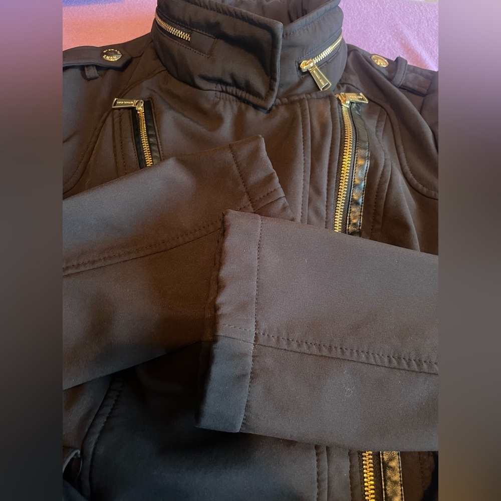 Michael Kors Belted Softshell Moto Coat Black XS Hidden Hood - Picture 11 of 16